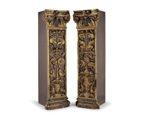 A near pair of 18th century and later Italian carved and gilt gesso pedestalsin the Baroque style, the pilaster fronts probab