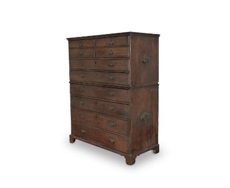 An unusual Anglo-Indian late 18th/early 19th century padouk chest on chestThe moulded cornice above two short deep oak lined 