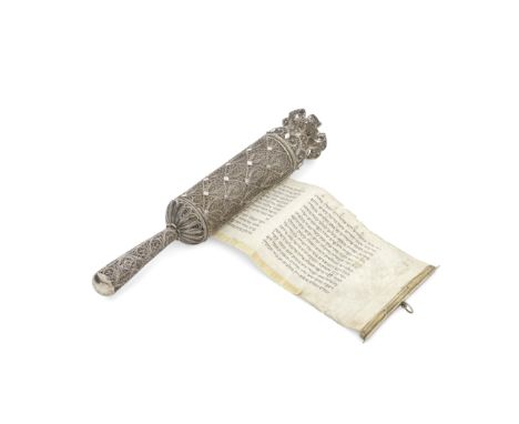 A silver and gilt filigree 'Esther' Megillah scroll holderunmarked, probably European The cylindrical filigree body with orna
