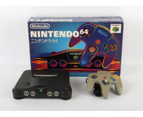 Japanese Nintendo 64 (N64) Console with grey Controller (NTSC-J) Console is complete, boxed and untested There is notable yel