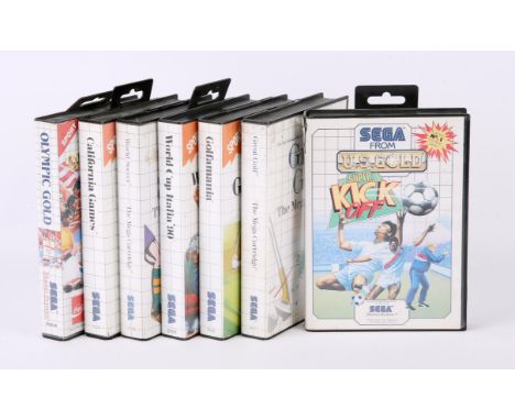 Sega Master System Sports bundle (PAL) Games include: Golfamania, World Cup Italia 90, Super Kick Off, World Soccer, Californ