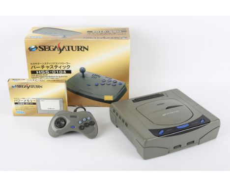 Sega Saturn Console (NTSC-J) with Virtua Stick [boxed] and Power Backup Memory Cartridge [boxed] Console & controller are unb