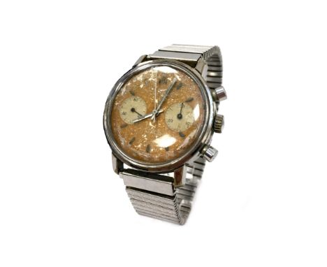 GENTLEMAN'S CRAFTSMAN CHRONOGRAPH STAINLESS STEEL MANUAL WIND WRIST WATCH, the round orange coloured dial with baton hour mar