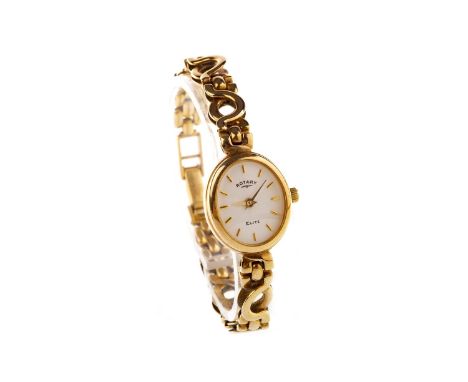 LADY'S ROTARY NINE CARAT GOLD QUARTZ WRIST WATCH, the oval dial with applied gold coloured baton hour markers, gold sword han