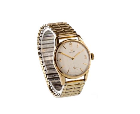 GENTLEMAN'S OMEGA NINE CARAT GOLD MANUAL WIND WRIST WATCH, the round silver coloured dial with applied Arabic numerals and ba