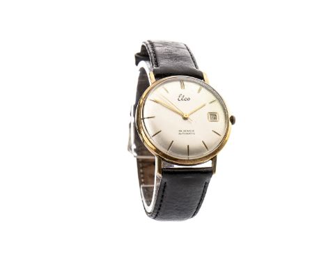 GENTLEMAN'S ELCO GOLD MANUAL WIND WRIST WATCH, the round silver coloured dial with applied gold coloured baton hour markers, 