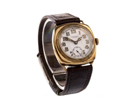 GENTLEMAN'S NINE CARAT GOLD MANUAL WIND WRIST WATCH, the round white dial signed J.W Benson, London with lume filled Arabic h