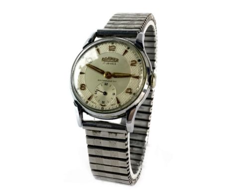 GENTLEMAN'S ROAMER STAINLESS STEEL MANUAL WIND WRIST WATCH, the round buff dial with applied copper coloured wedge and Arabic