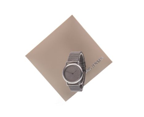 LADY'S GEORG JENSEN STAINLESS STEEL QUARTZ WRIST WATCH, the round grey dial with applied dot hour markers, stick hands, 23mm 