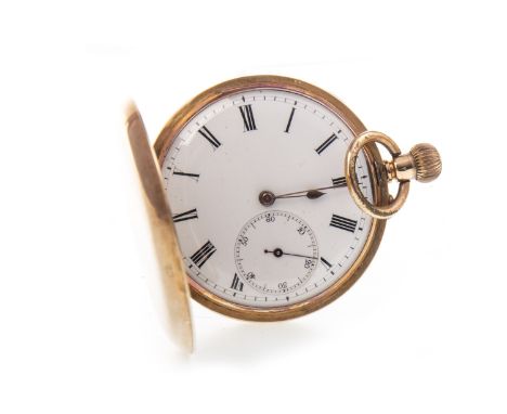 EARLY TWENTIETH CENTURY FULL HUNTER KEYLESS WIND POCKET WATCH, the round white enamel dial with Roman numerals in black, sunk