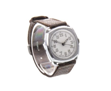 GENTLEMAN'S CHROME CASED MANUAL WIND WRIST WATCH, 1940s,unsigned movement, the round white dial with Arabic numerals, possibl