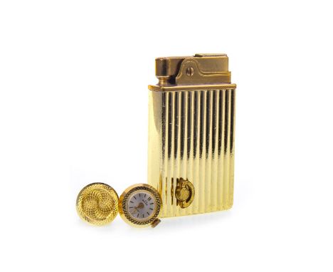 PAIR OF BULER GOLD PLATED CUFF LINKS, one set with a manual wind watch, 17mm case, the other with machined engraving; along w