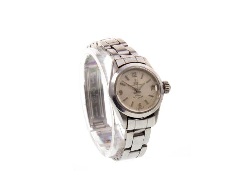 LADY'S TUDOR PRINCESS OYSTERDATE ROTOR SELF-WINDING STAINLESS STEEL AUTOMATIC WRIST WATCH, the round silver coloured dial wit