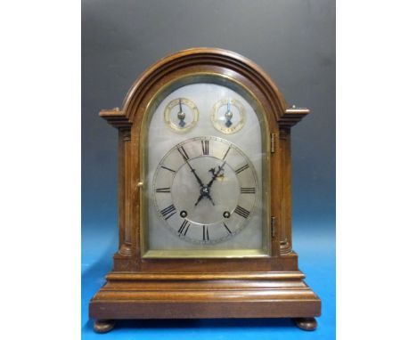 A late 19th mahogany bracket clock with silvered dial and silent / chime secondary dial, by Winterhalder and Hofmeier, one of