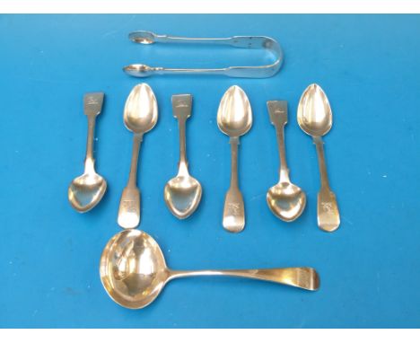 A set of six Georgian hallmarked silver Fiddle pattern teaspoons, a Georgian hallmarked silver ladle and a set of hallmarked 