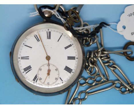 A hallmarked silver cased pocket watch with white enamel dial and subsidiary dial (Ldn 1935) on hallmarked silver chain