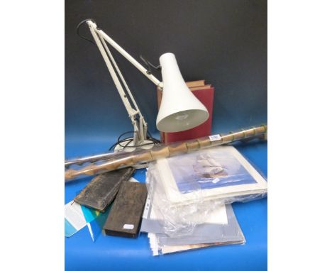 A possibly Scandinavian retro chess set together with a retro angle poise lamp, vintage drawing equipment, two volumes of  "T