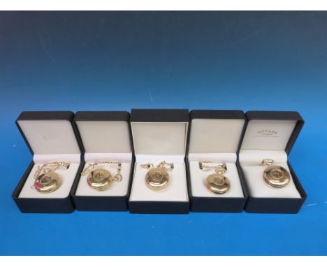 Eleven Rotary gold plated gents half hunter pocket watches on chains, each with skeleton movement and clear panel to the fron