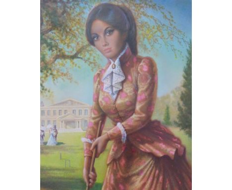 Joseph Henry Lynch (1911-1989): Acrylic and oil on board of a beautiful lady in Victorian dress playing croquet in the ground