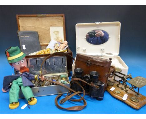 A mahogany box containing cigarette cases, jewellery, Black Forest inkwell, Magic Roundabout Pelham puppet, binoculars, posta