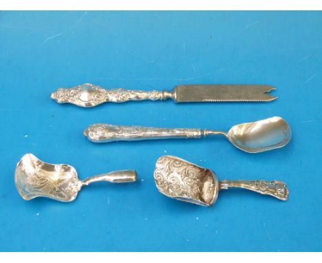 Three various hallmarked silver / white metal - 19thC caddy spoon, lighter and small knife (handle marked sterling)