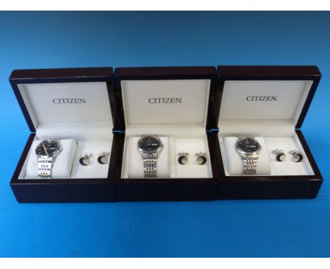 Three Citizen WR50 gents wristwatch and cufflinks sets, all in original boxes
