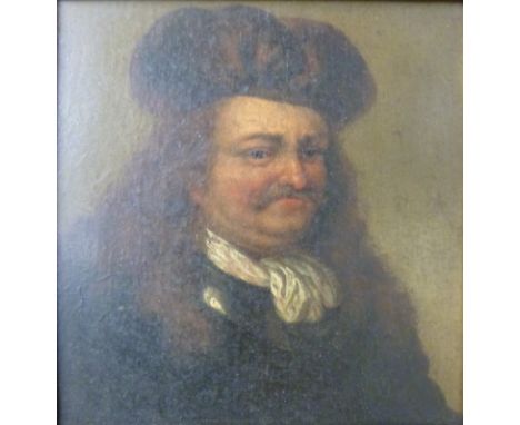 Follower of William Van Mieris portrait of a gentleman in cap with white cravat, period provenance verso, Lord Heytesbury, Li