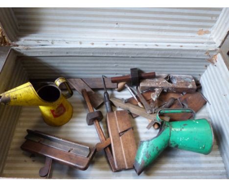 A collection of vintage tools to include oil jugs, moulding planes, mortice gauges (one by Robert Trebor, Sheffield) etc all 