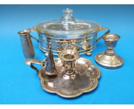 A small hallmarked silver vase, hallmarked silver candlestick, plated chamber stick and a glass dish with plated mount