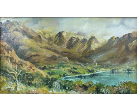 James Whitelaw Hamilton RSA (1860-1932) oil on canvas of a mountainous lake scene. Exhibited in 1910 (19 x 34cm)
