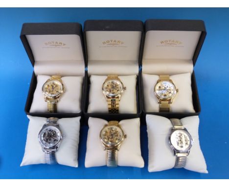 Six Rotary gents skeleton-style wristwatches, all in original boxes