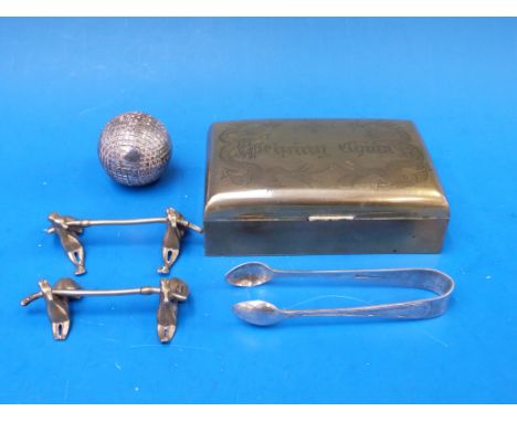 A small quantity of treen including a pomander in the form of a silver plated golf ball, two Lucher-related knife rests, a br