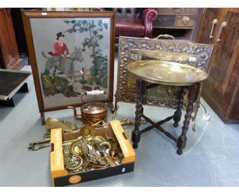 A 19thC brass companion set, brass table, fireguard etc