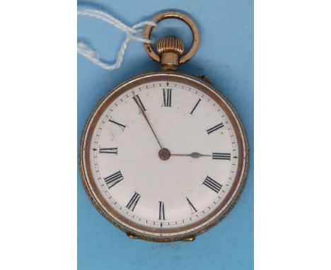 A yellow metal pocket watch with ornate engraving, enamel face and Roman numerals, the case marked 14k 