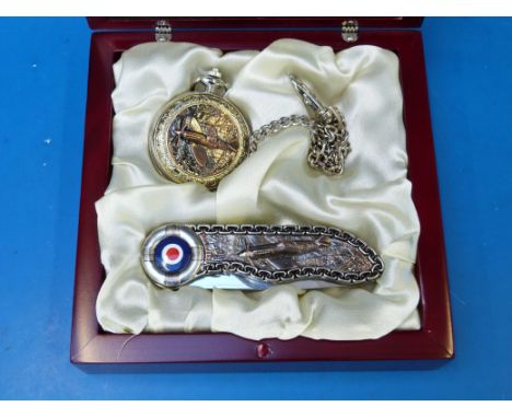 A cased hunter pocket watch together with a penknife, both with embossed decoration depicting the Spitfire aircraft, with a S