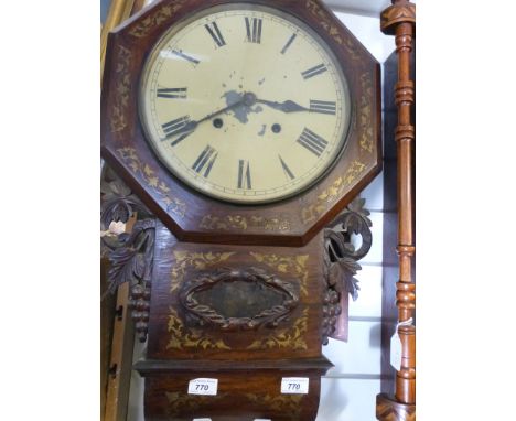 A 19thC brass inlaid rosewood drop dial wall clock