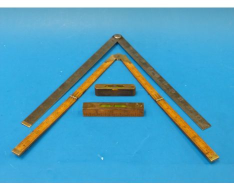 A collection of small vintage tools including Rabone level, folding rules "B'HAM GAS" etc
