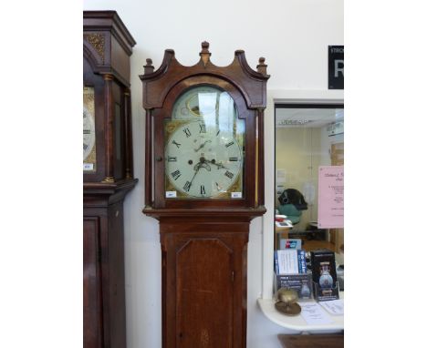 A c1850 8-day long cased clock in light oak case with inlaid shell decoration, painted dial with shell and windmill and date 