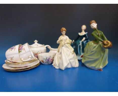 Three Royal Worcester figures "First Dance", "Janine" and "Grace" together with a small collection of tea ware 