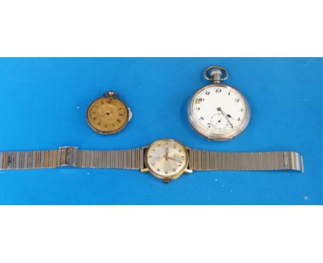 A keyless silver gentleman's pocket watch with engine turned Dennison case, together with a fob watch and a Caravelle gents w