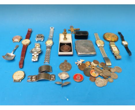 A hallmarked silver cigarette case, 69g silver Victorian caddy spoon, a quantity of watches etc.