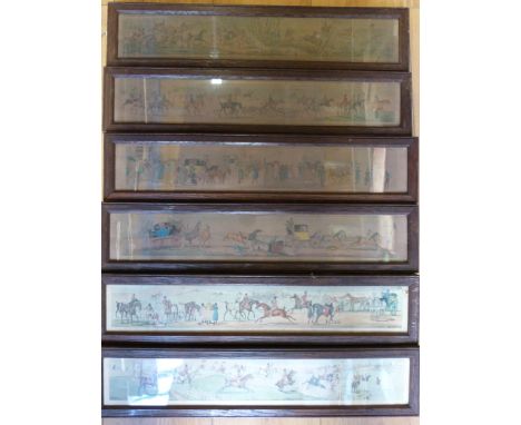 Collection of 12 hunting prints, including 'A Struggle for a Start' and another depicting a stagecoach