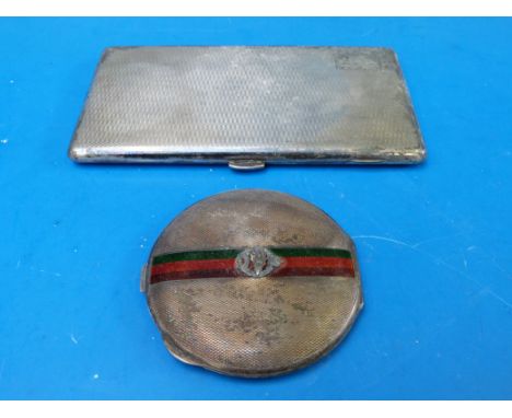 A silver guilloché enamel Tank Regiment compact (B'ham 1934) by Goldsmiths and Silversmiths Co, and a sterling cigarette case