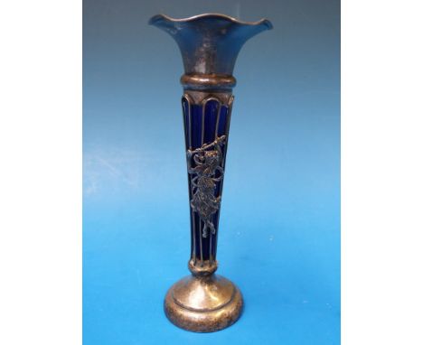 An unusual hallmarked silver and blue glass figural bud vase, London 1905