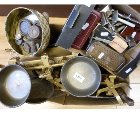A quantity of collectable metalware including vintage razors, bone saw, corkscrew type medical speculum, scales etc.