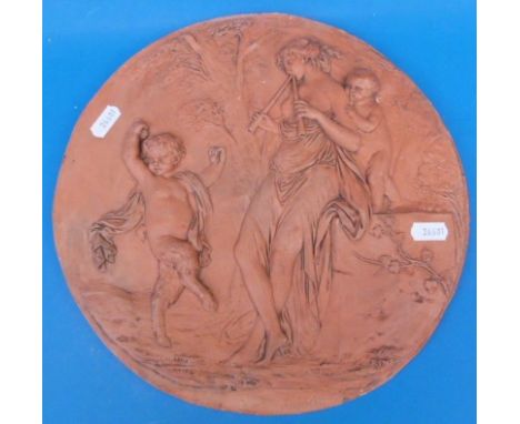 A 19thC circular terracotta plaque with relief decoration of Pan playing pipes and putti dancing (signed Boucher)
