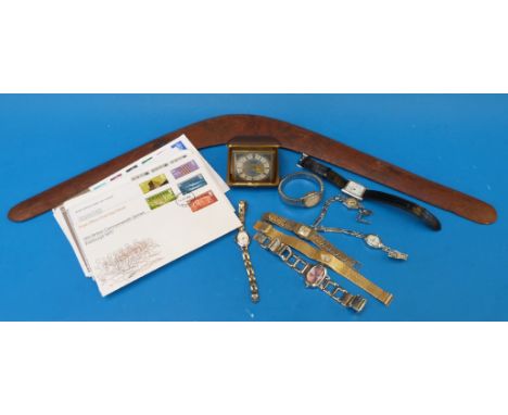 A collection of ladies' watches including mechanical example together with a vintage travel alarm, an Australian boomerang c1