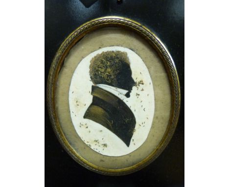 An 19thC portrait miniature of a lady together with two silhouettes, one with gold highlights, the other in rosewood frame