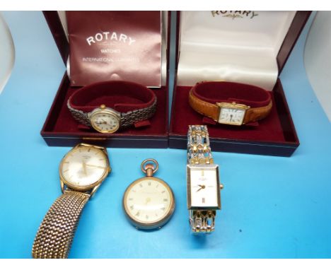 Five various watches including three boxed Rotary watches, rolled gold pocket watch etc