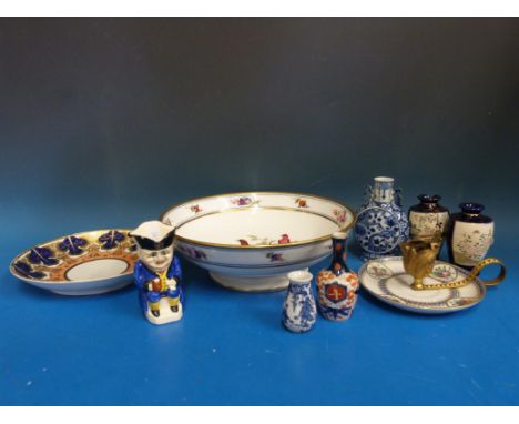 A quantity of ceramics to include hand-painted bowl, 19thC plate marked B to underside, miniature vases, chamber stick etc